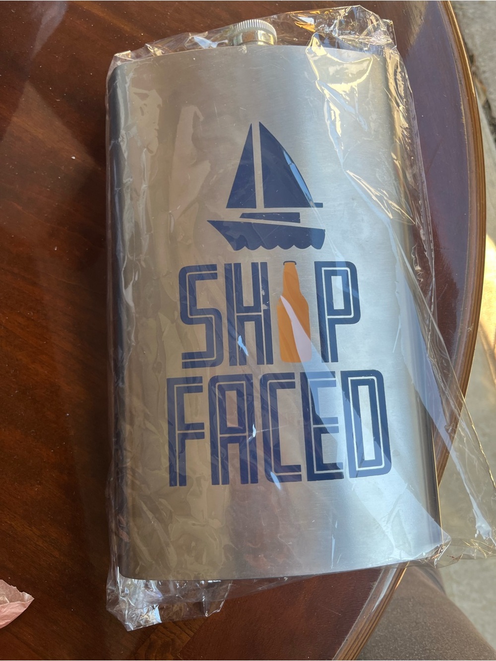 Ship Faced Stainless Steel Hip Flask - Blue and Orange